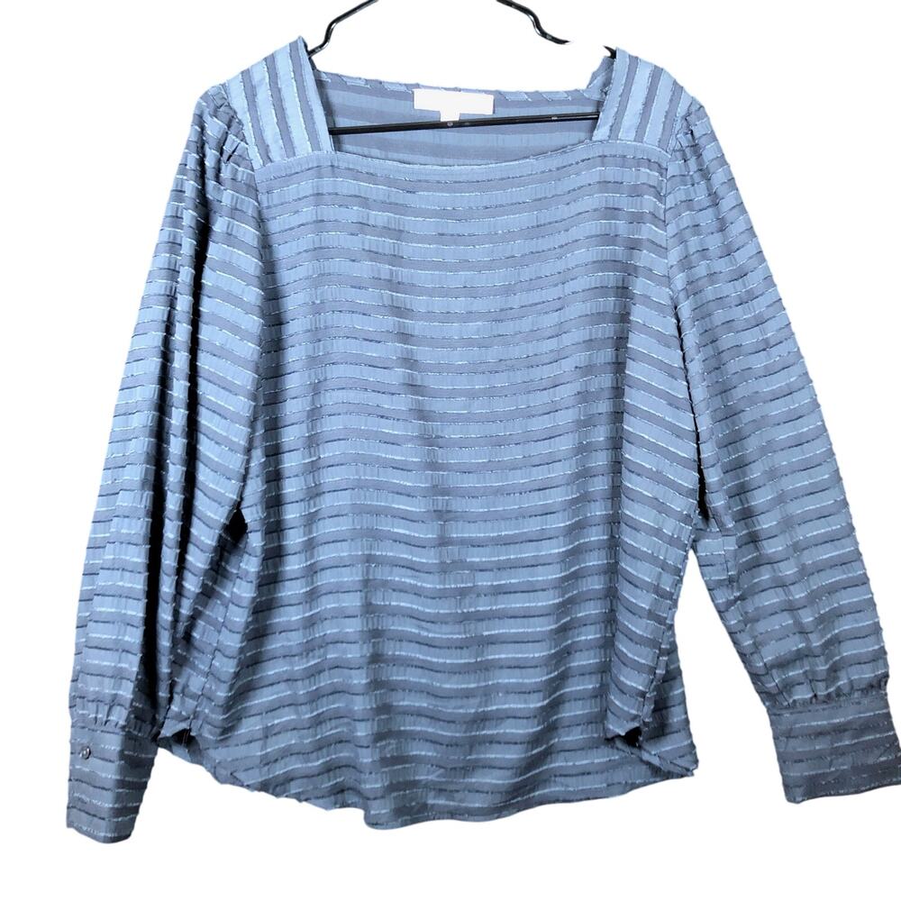 LOFT Womens Blouse Blue Striped Square Neck Long Sleeve Polyester Large